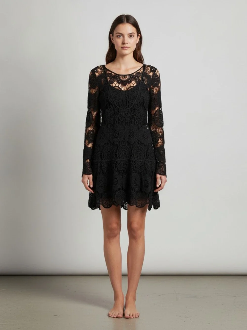 Free People Black Long Sleeve Lace Open Back Mini Dress